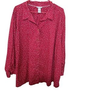 Catherines 5X Button Down Shirt Red White Polka Dot Cotton Preppy Office